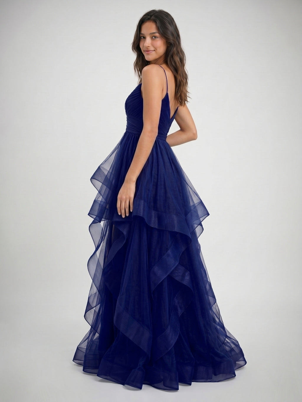 Dark Navy Tulle A-Line V-Neck Back Zip Floor-Length Birthday Dress