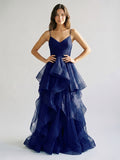 Dark Navy Tulle A-Line V-Neck Back Zip Floor-Length Birthday Dress