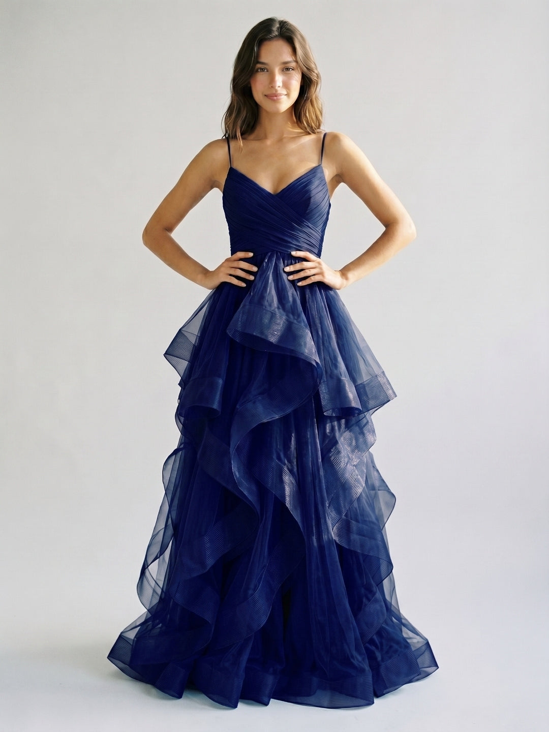 Dark Navy Tulle A-Line V-Neck Back Zip Floor-Length Birthday Dress