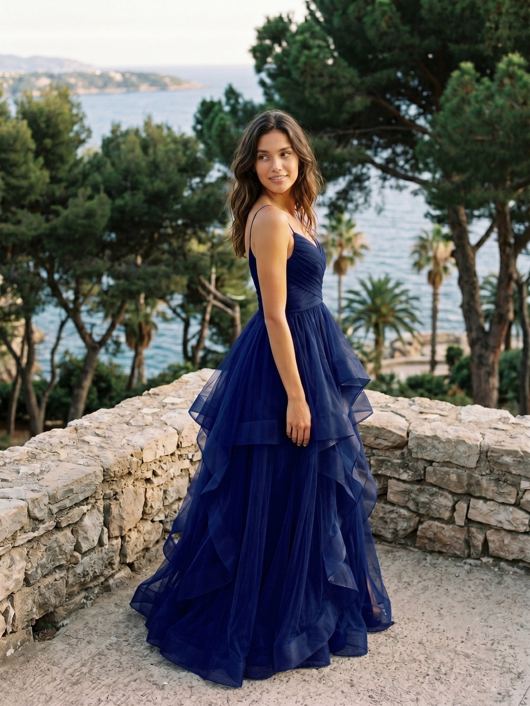 Dark Navy Tulle A-Line V-Neck Back Zip Floor-Length Birthday Dress