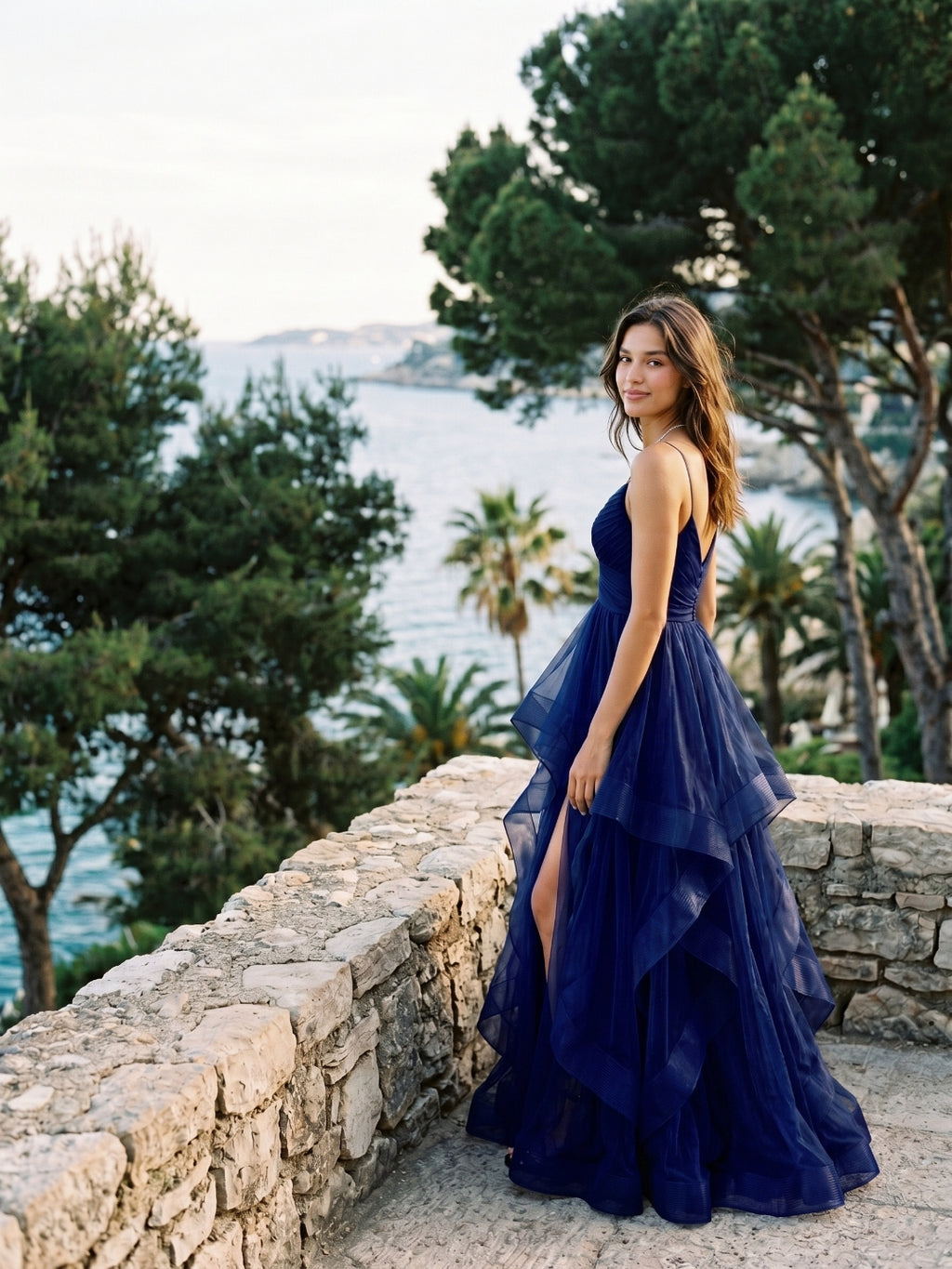 Dark Navy Tulle A-Line V-Neck Back Zip Floor-Length Birthday Dress