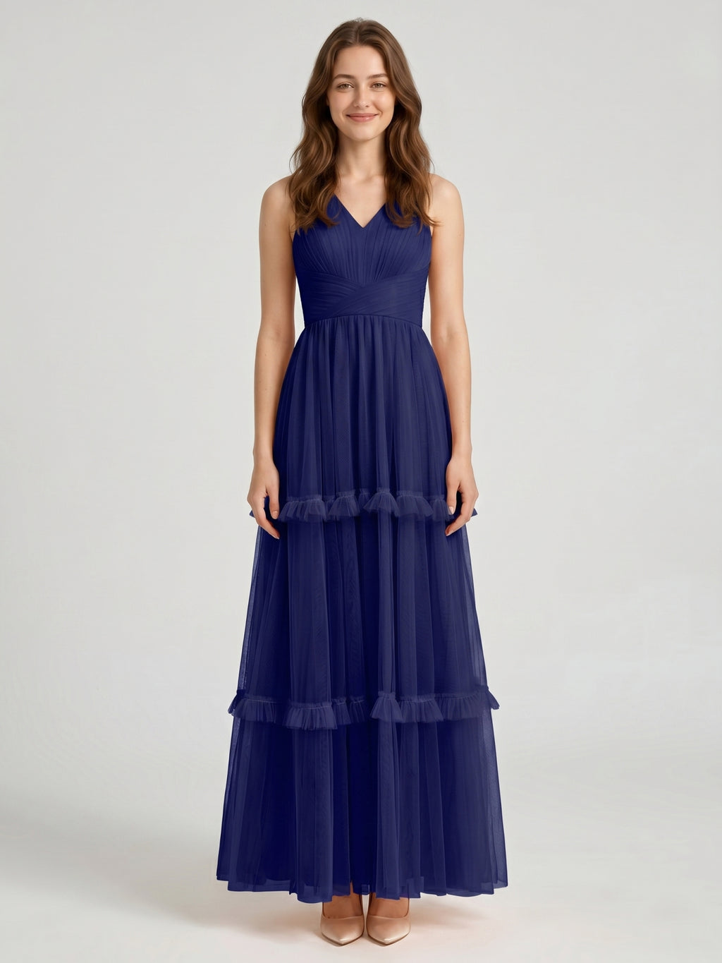 Dark Navy Tulle A-Line V-Neck Keyhole Back Floor-Length Pleated Bridesmaid Dress