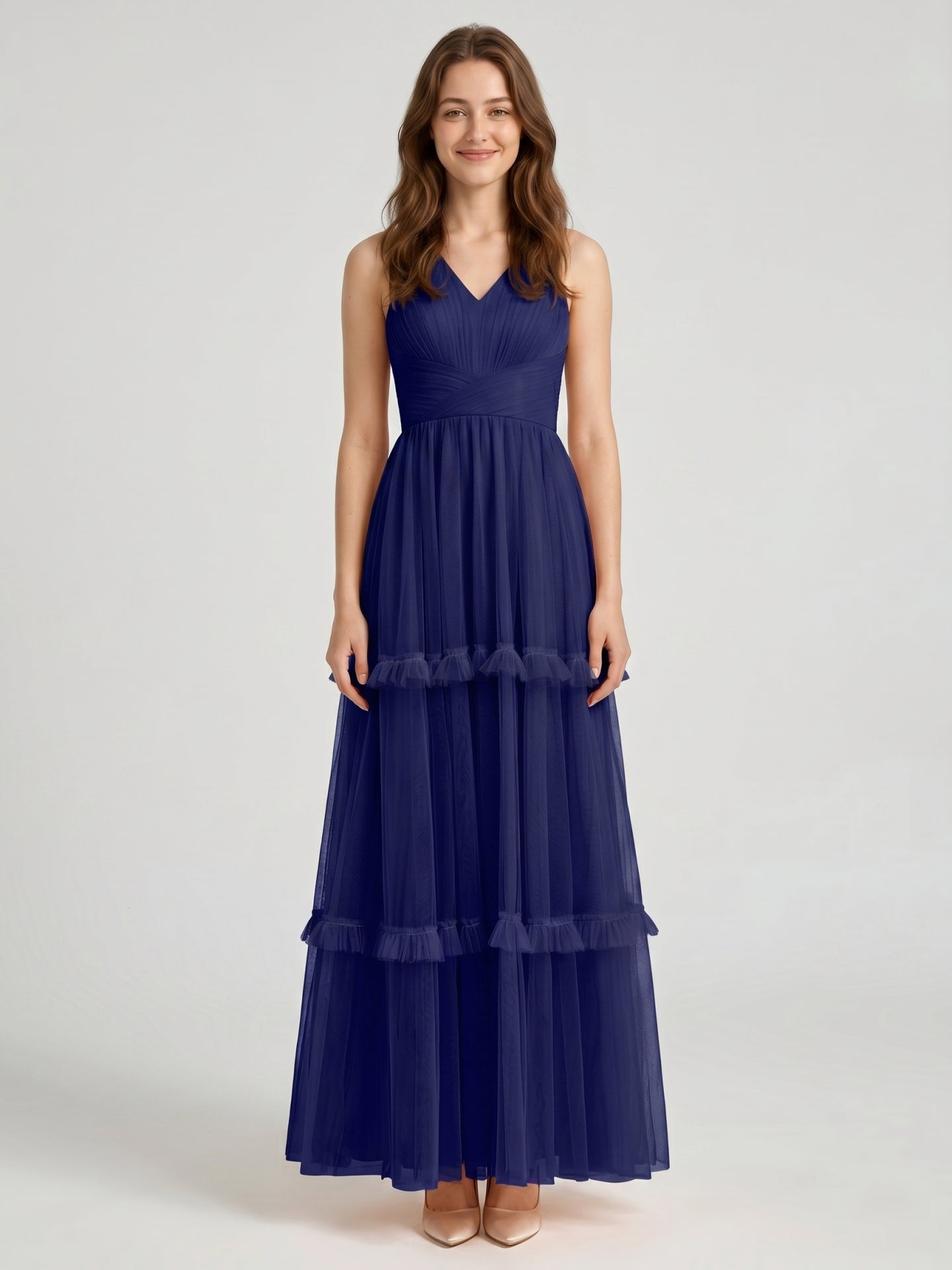 Dark Navy Tulle A-Line V-Neck Keyhole Back Floor-Length Pleated Bridesmaid Dress