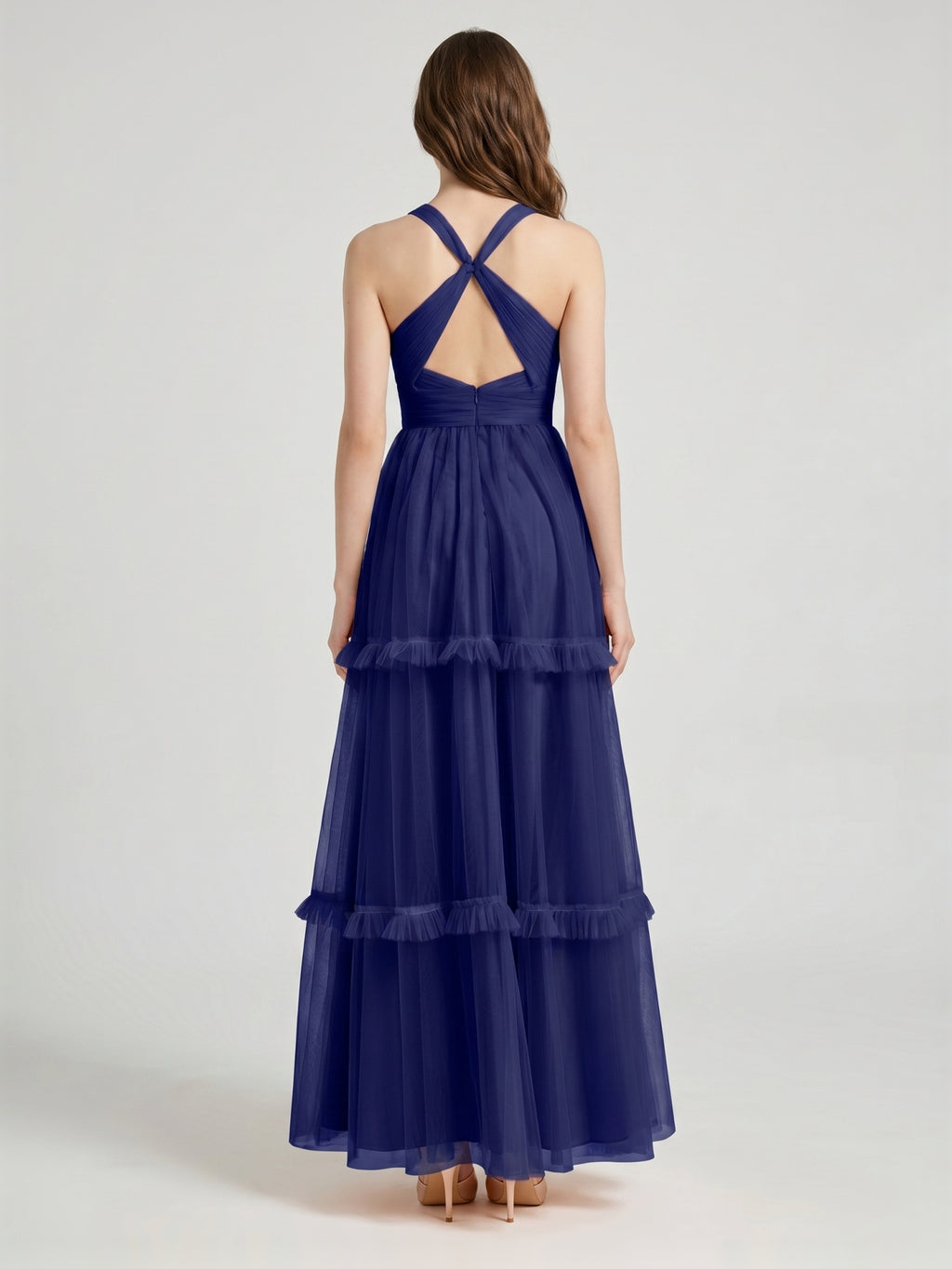 Dark Navy Tulle A-Line V-Neck Keyhole Back Floor-Length Pleated Bridesmaid Dress