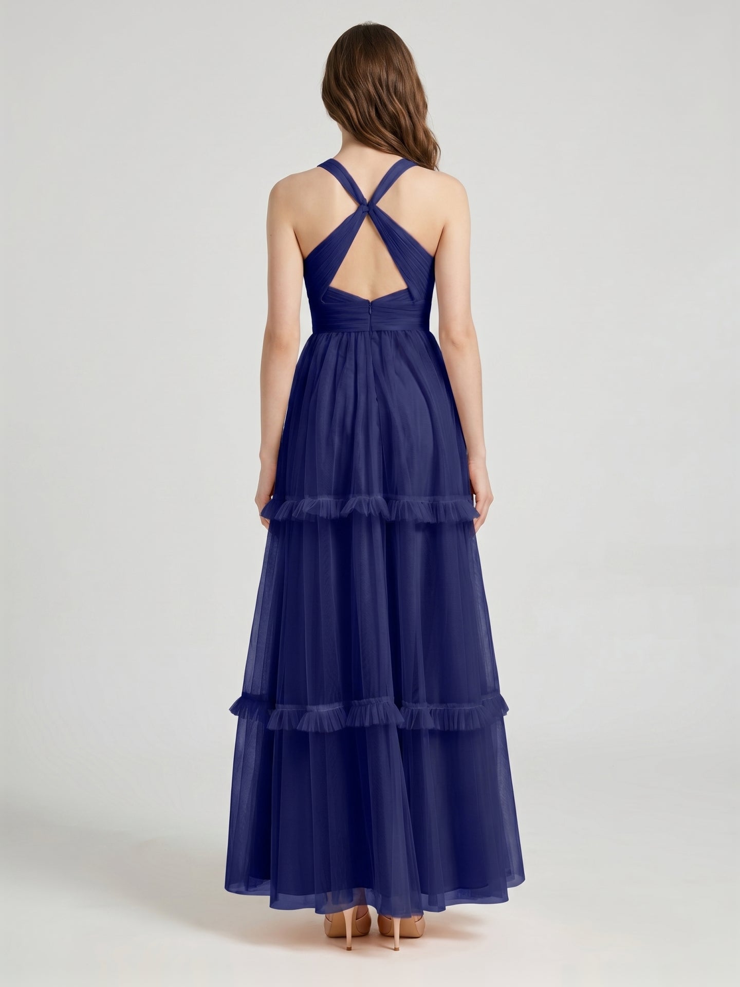 Dark Navy Tulle A-Line V-Neck Keyhole Back Floor-Length Pleated Bridesmaid Dress