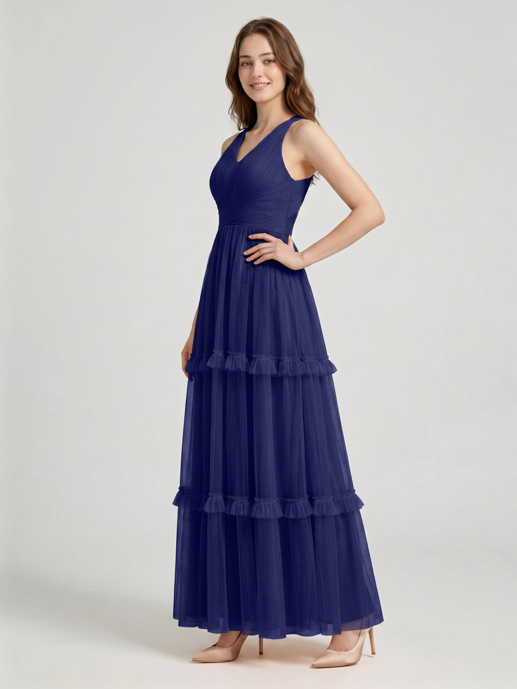Dark Navy Tulle A-Line V-Neck Keyhole Back Floor-Length Pleated Bridesmaid Dress