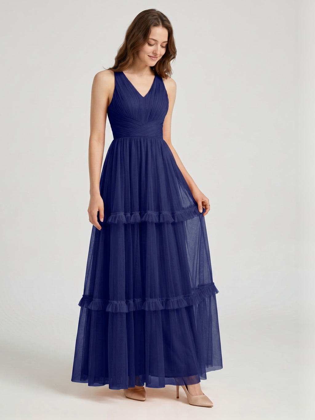 Dark Navy Tulle A-Line V-Neck Keyhole Back Floor-Length Pleated Bridesmaid Dress