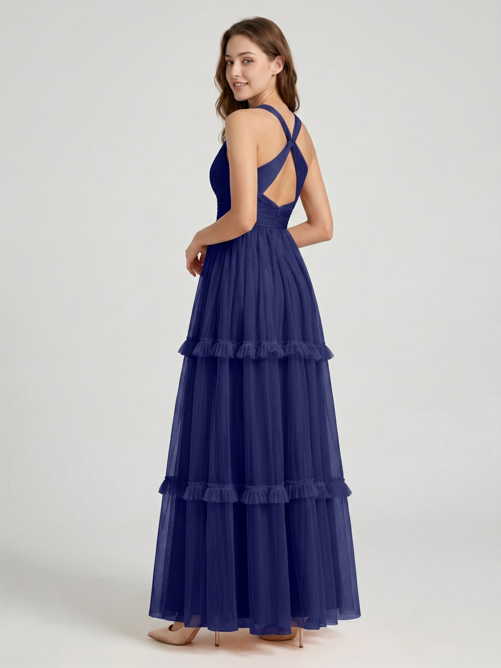 Dark Navy Tulle A-Line V-Neck Keyhole Back Floor-Length Pleated Bridesmaid Dress