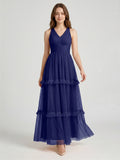 Dark Navy Tulle A-Line V-Neck Keyhole Back Floor-Length Pleated Bridesmaid Dress
