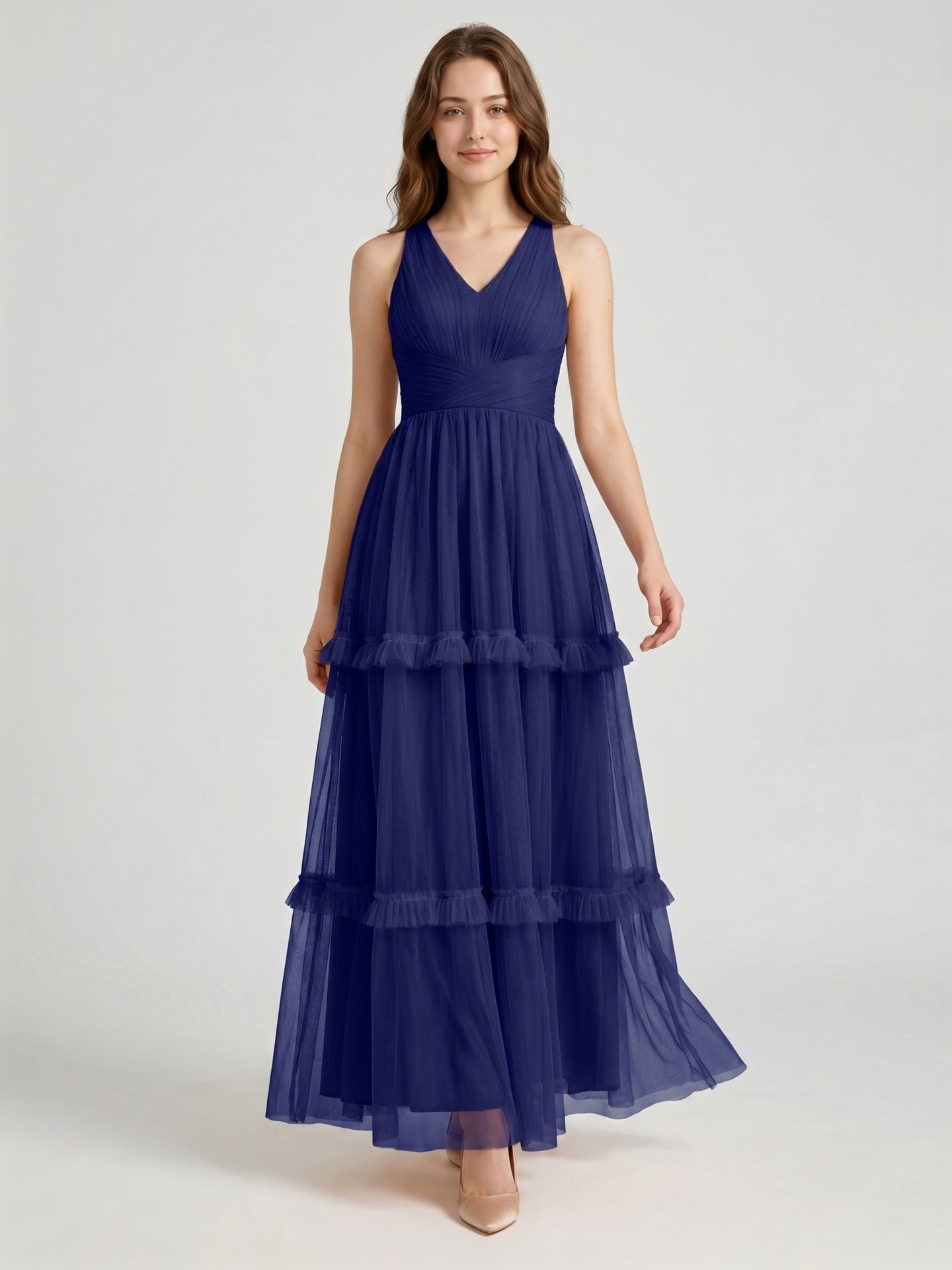 Dark Navy Tulle A-Line V-Neck Keyhole Back Floor-Length Pleated Bridesmaid Dress