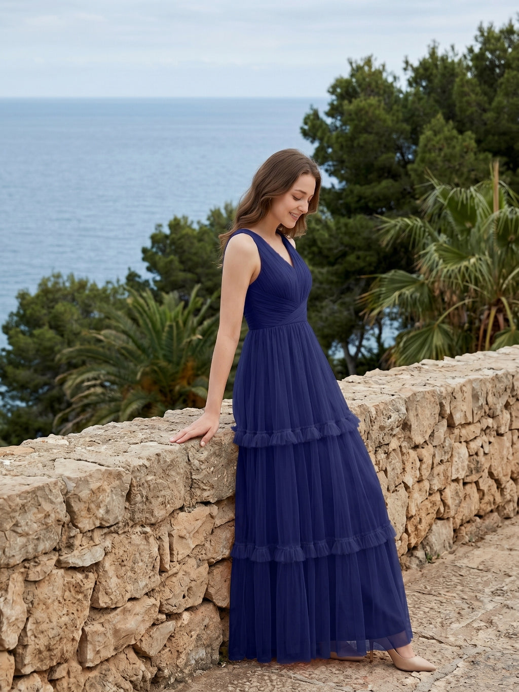 Dark Navy Tulle A-Line V-Neck Keyhole Back Floor-Length Pleated Bridesmaid Dress