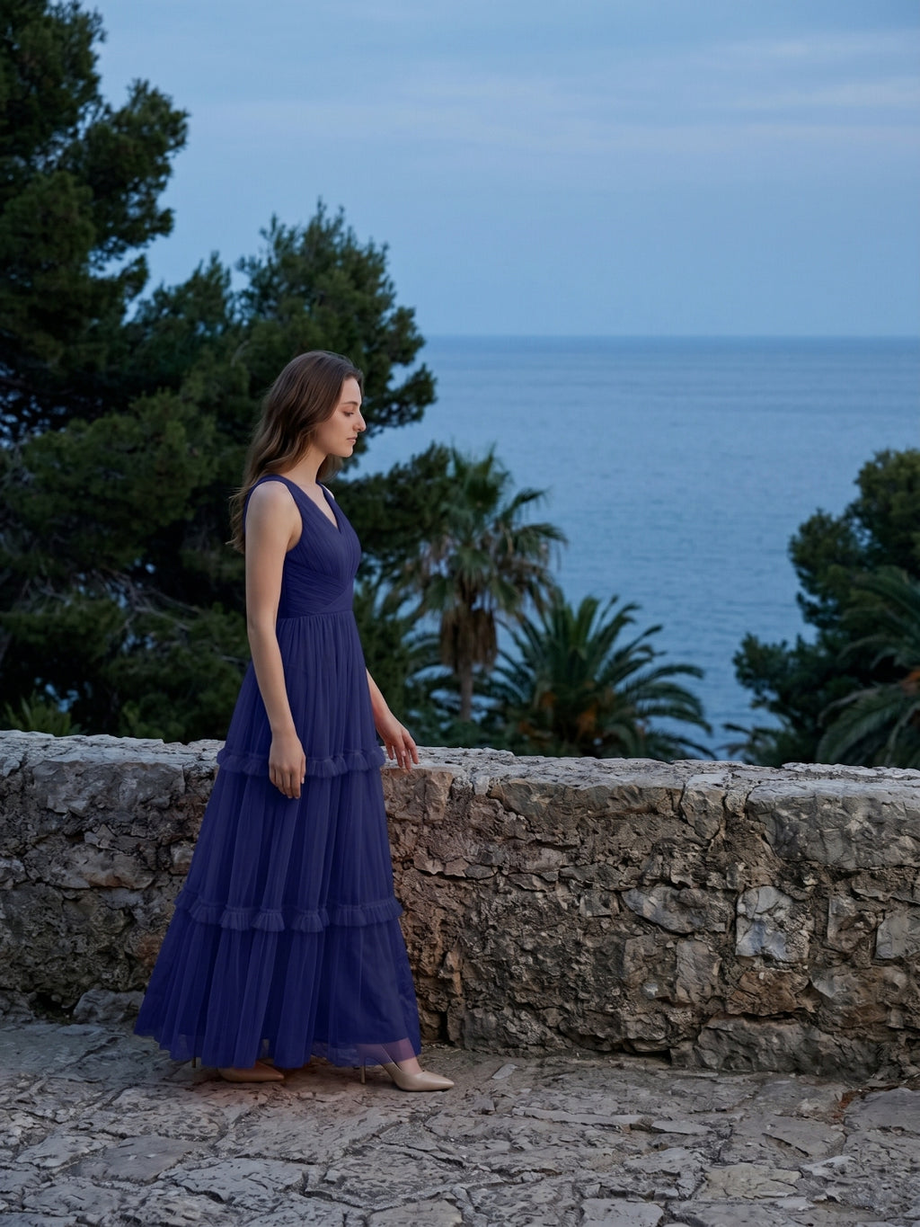 Dark Navy Tulle A-Line V-Neck Keyhole Back Floor-Length Pleated Bridesmaid Dress