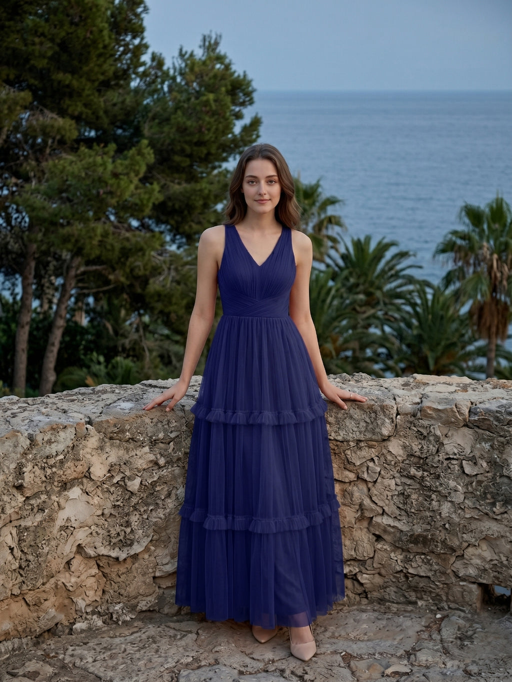Dark Navy Tulle A-Line V-Neck Keyhole Back Floor-Length Pleated Bridesmaid Dress