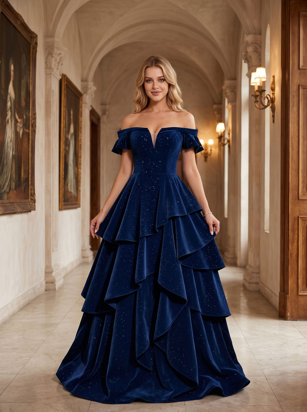 Dark Navy Velvet A-Line Off-the-Shoulder Lace-up Floor-Length Dress