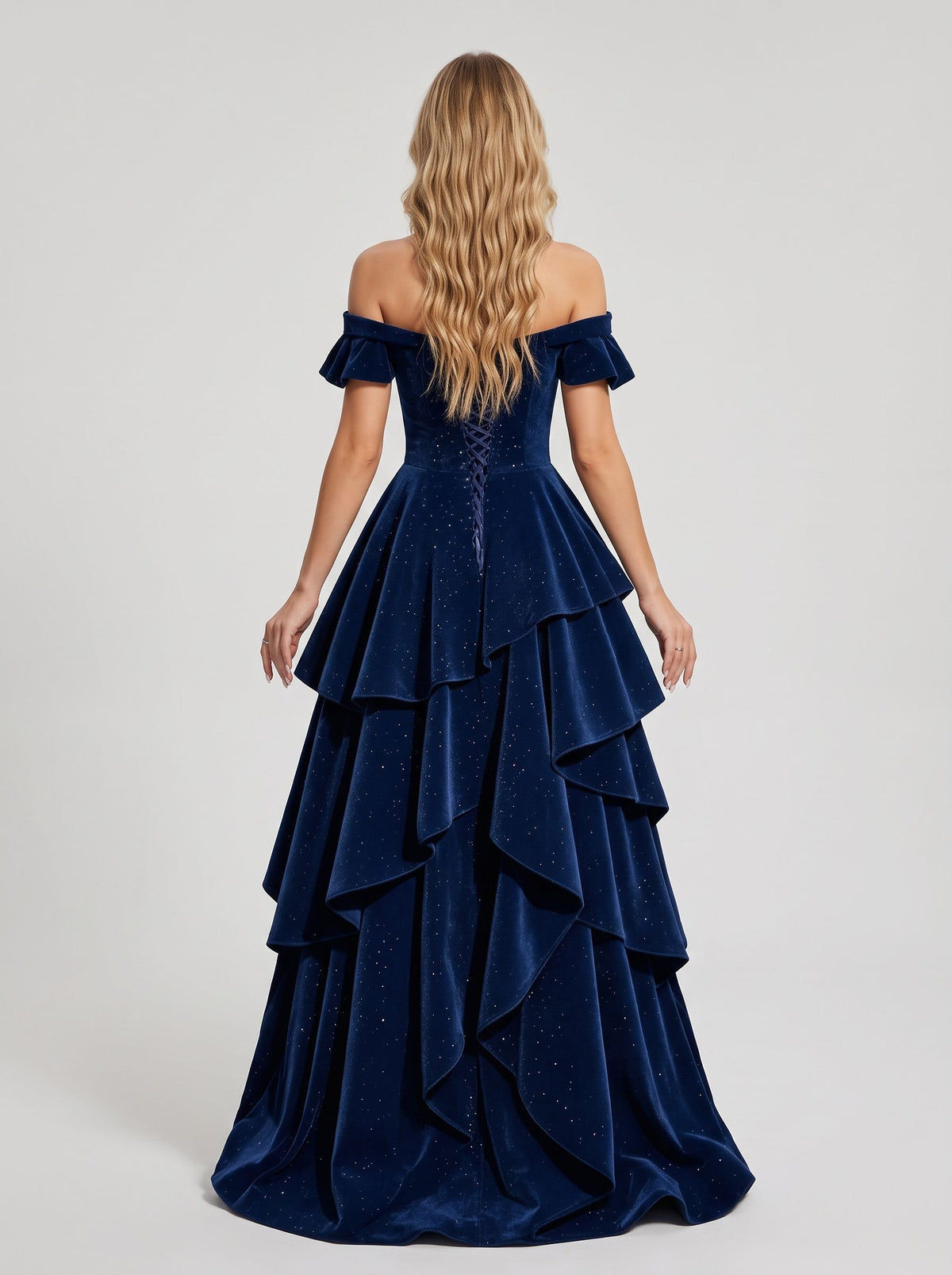 Dark Navy Velvet A-Line Off-the-Shoulder Lace-up Floor-Length Dress