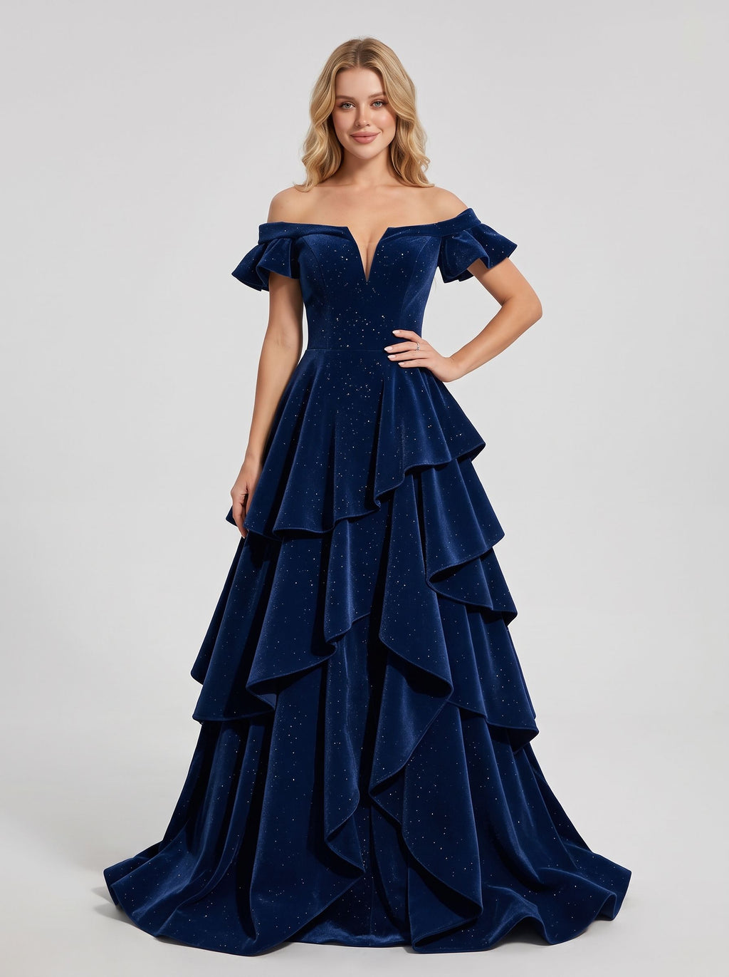 Dark Navy Velvet A-Line Off-the-Shoulder Lace-up Floor-Length Dress
