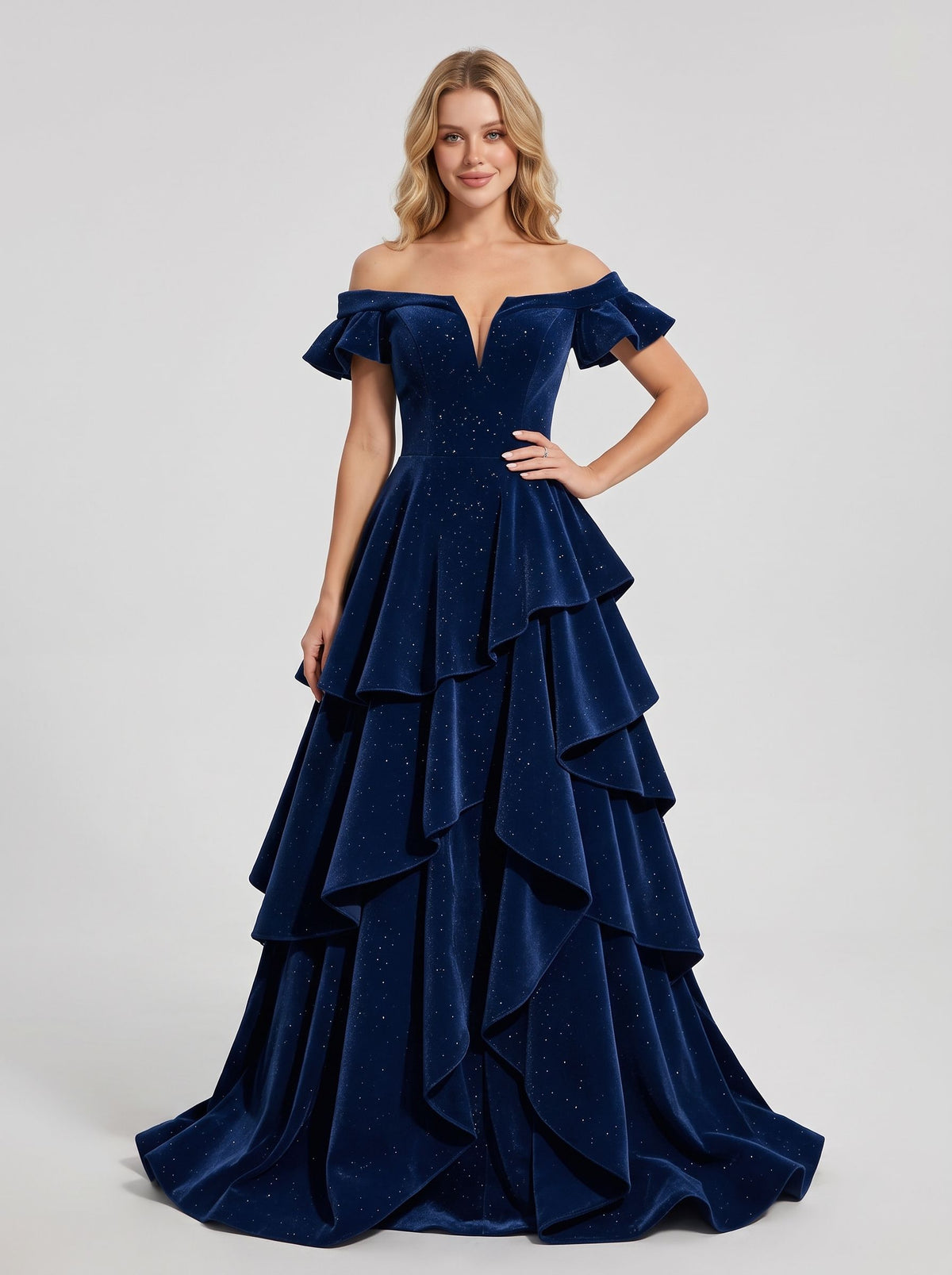 Dark Navy Velvet A-Line Off-the-Shoulder Lace-up Floor-Length Dress