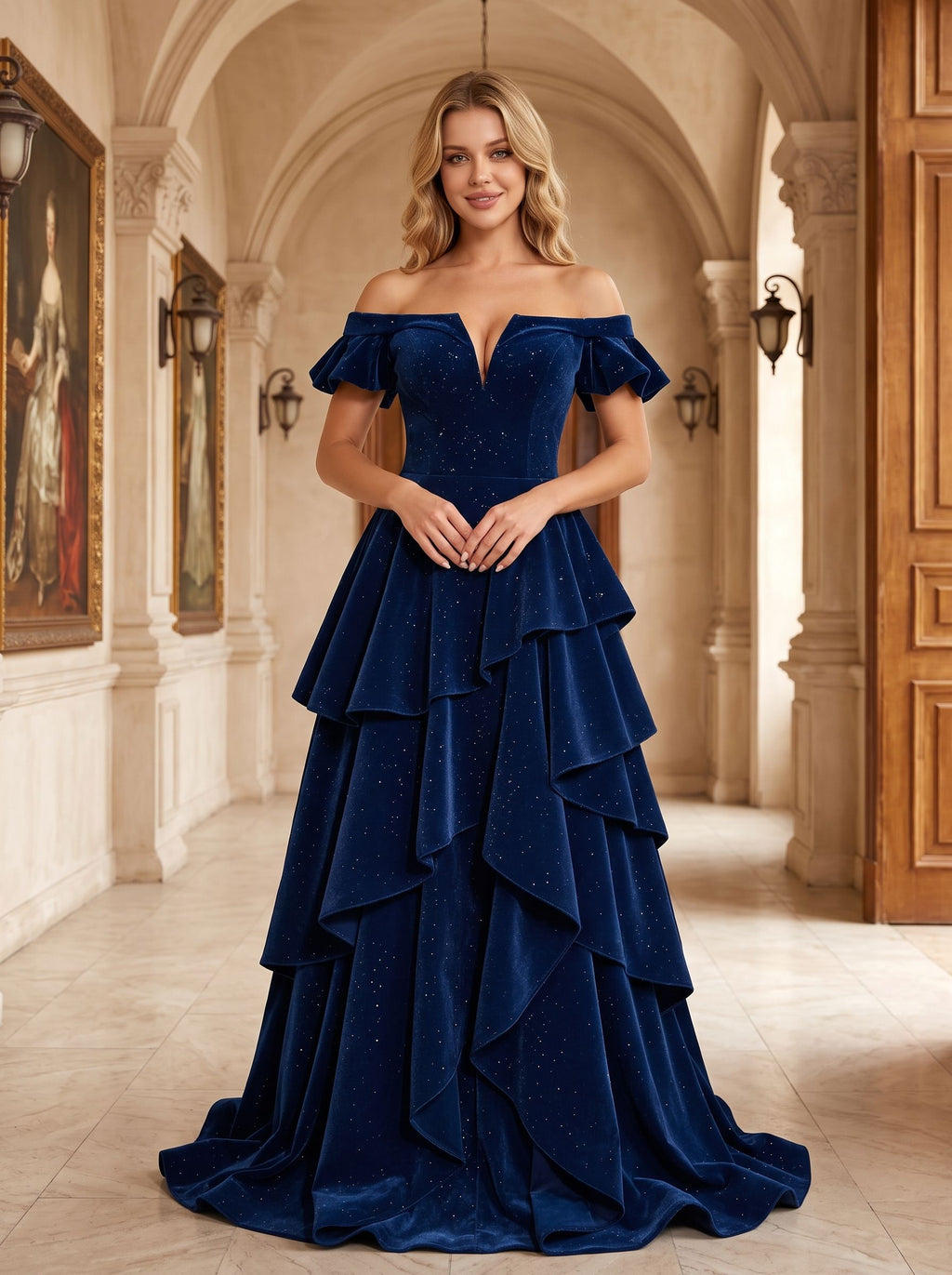 Dark Navy Velvet A-Line Off-the-Shoulder Lace-up Floor-Length Dress