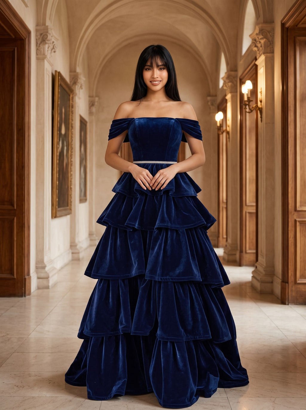 Dark Navy Velvet A-Line Off-the-Shoulder Lace-up Floor-Length Prom Dress