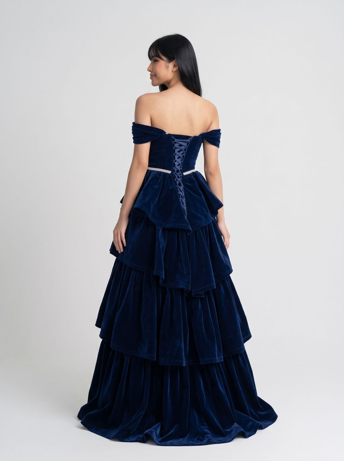 Dark Navy Velvet A-Line Off-the-Shoulder Lace-up Floor-Length Prom Dress