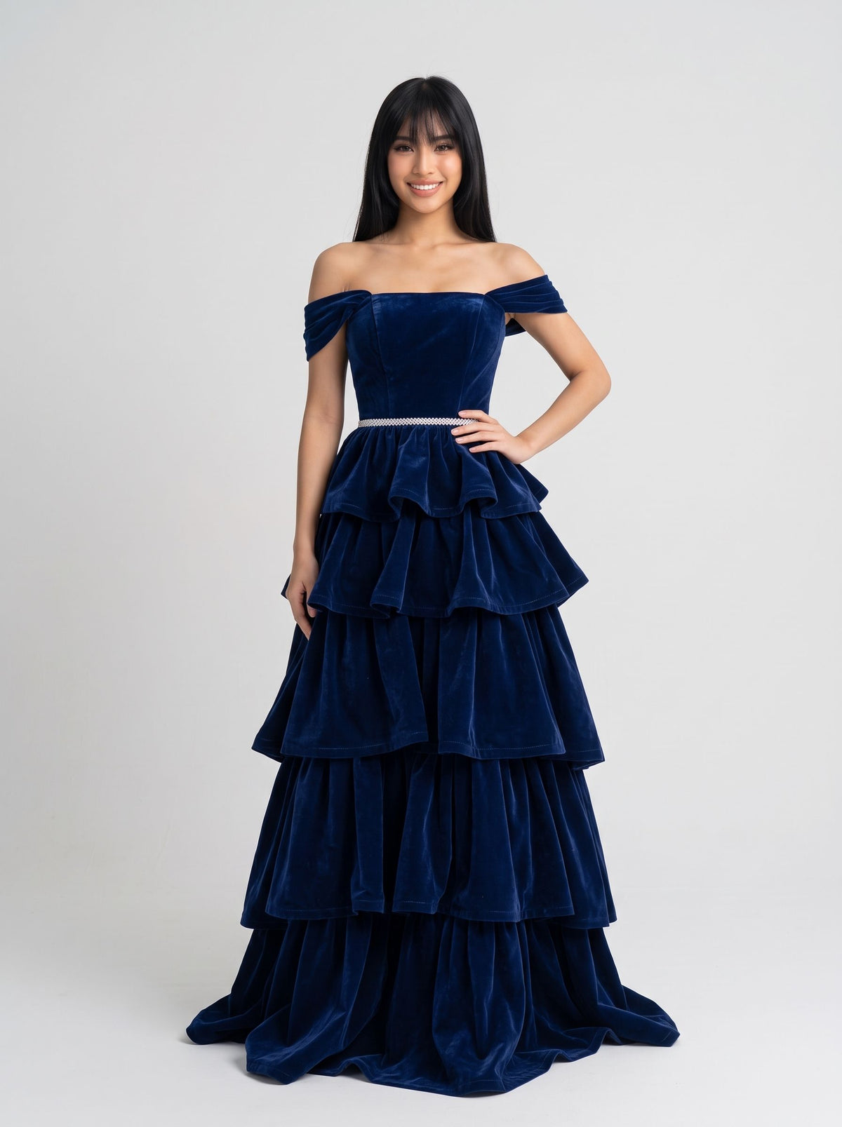 Dark Navy Velvet A-Line Off-the-Shoulder Lace-up Floor-Length Prom Dress