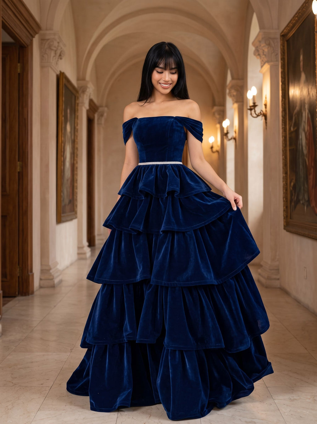 Dark Navy Velvet A-Line Off-the-Shoulder Lace-up Floor-Length Prom Dress