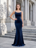 Dark Navy Velvet Mermaid Cowl Neck Lace-up Floor-Length Dress