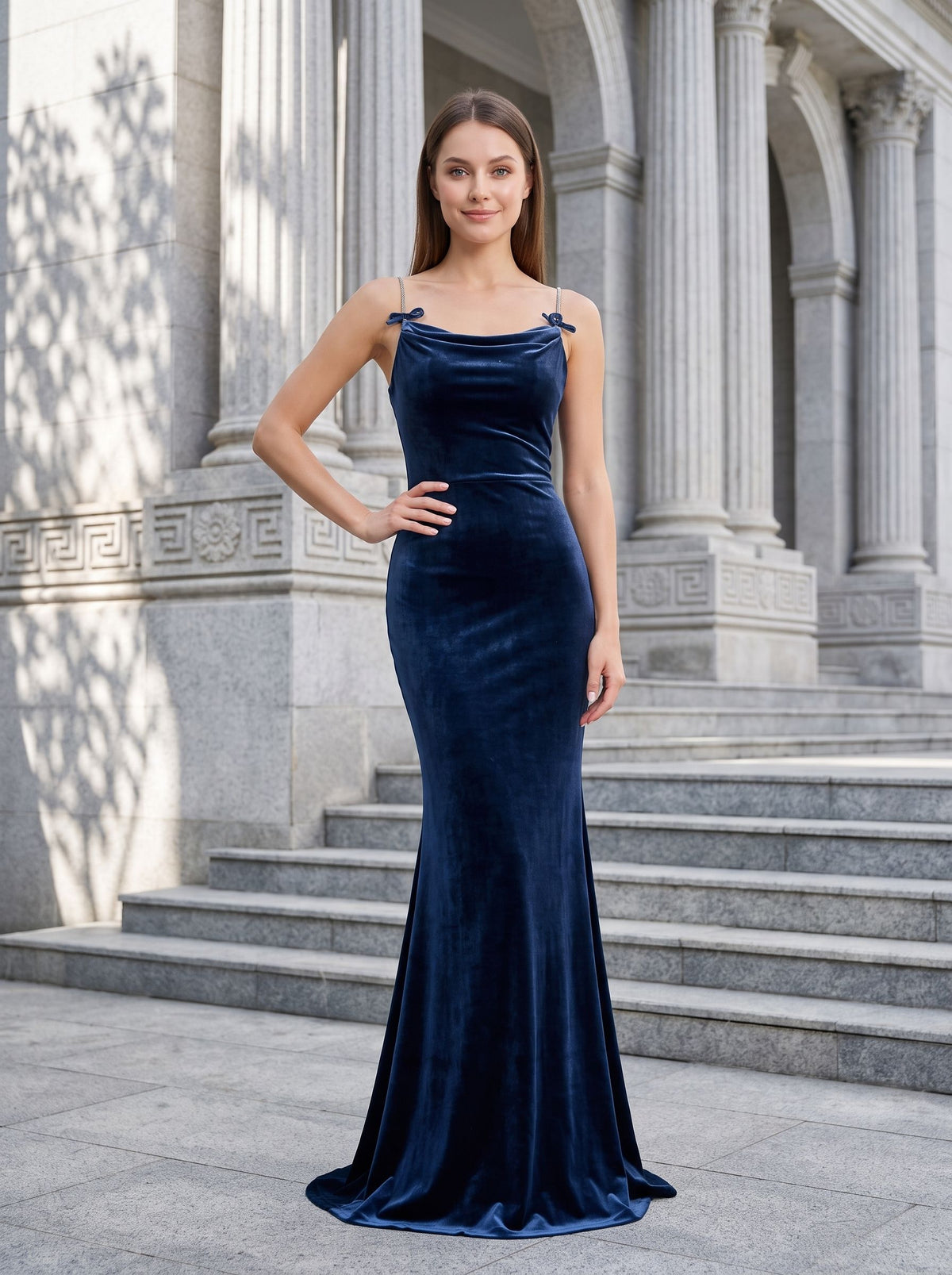 Dark Navy Velvet Mermaid Cowl Neck Lace-up Floor-Length Dress