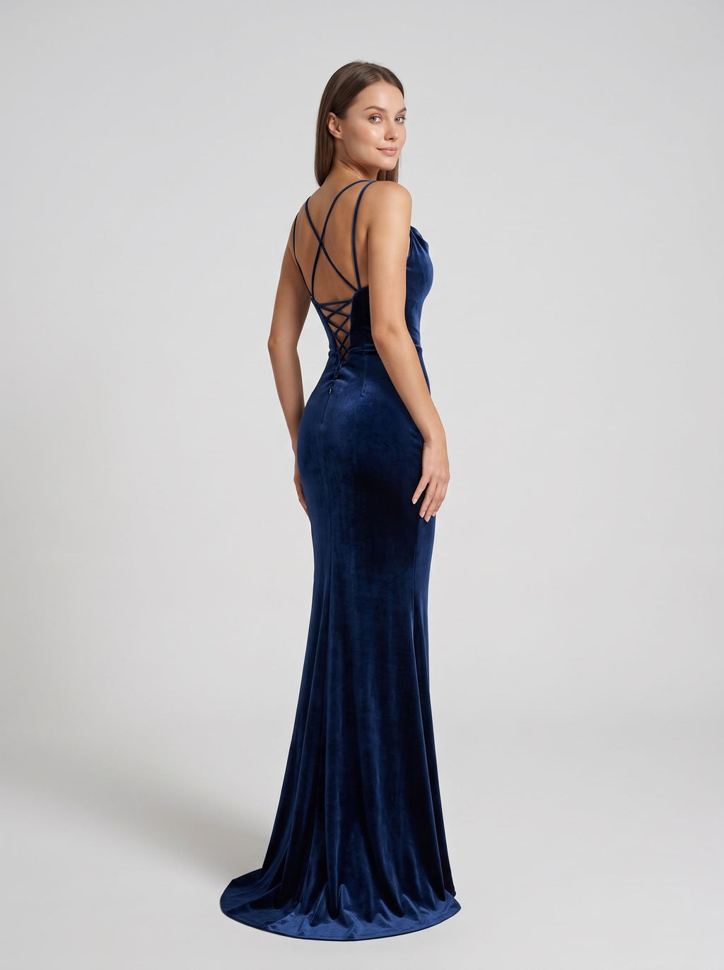 Dark Navy Velvet Mermaid Cowl Neck Lace-up Floor-Length Dress