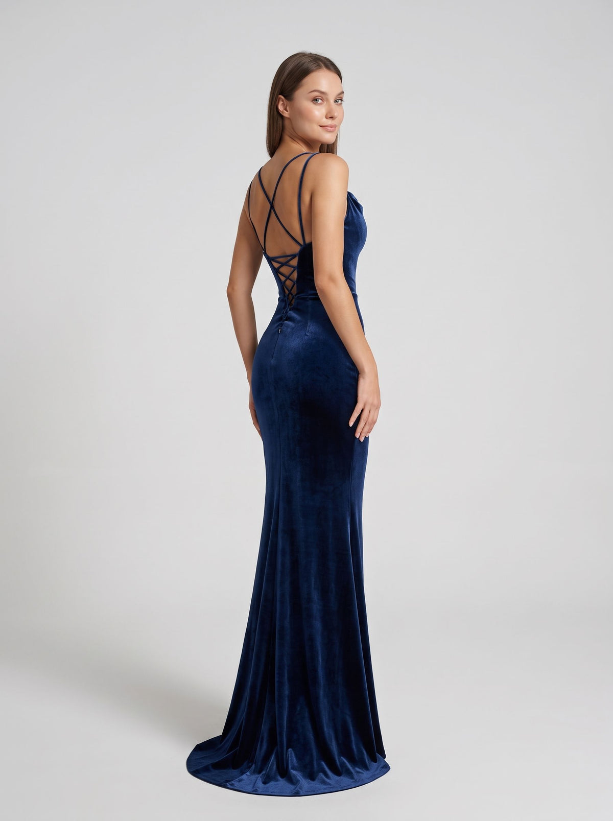 Dark Navy Velvet Mermaid Cowl Neck Lace-up Floor-Length Dress