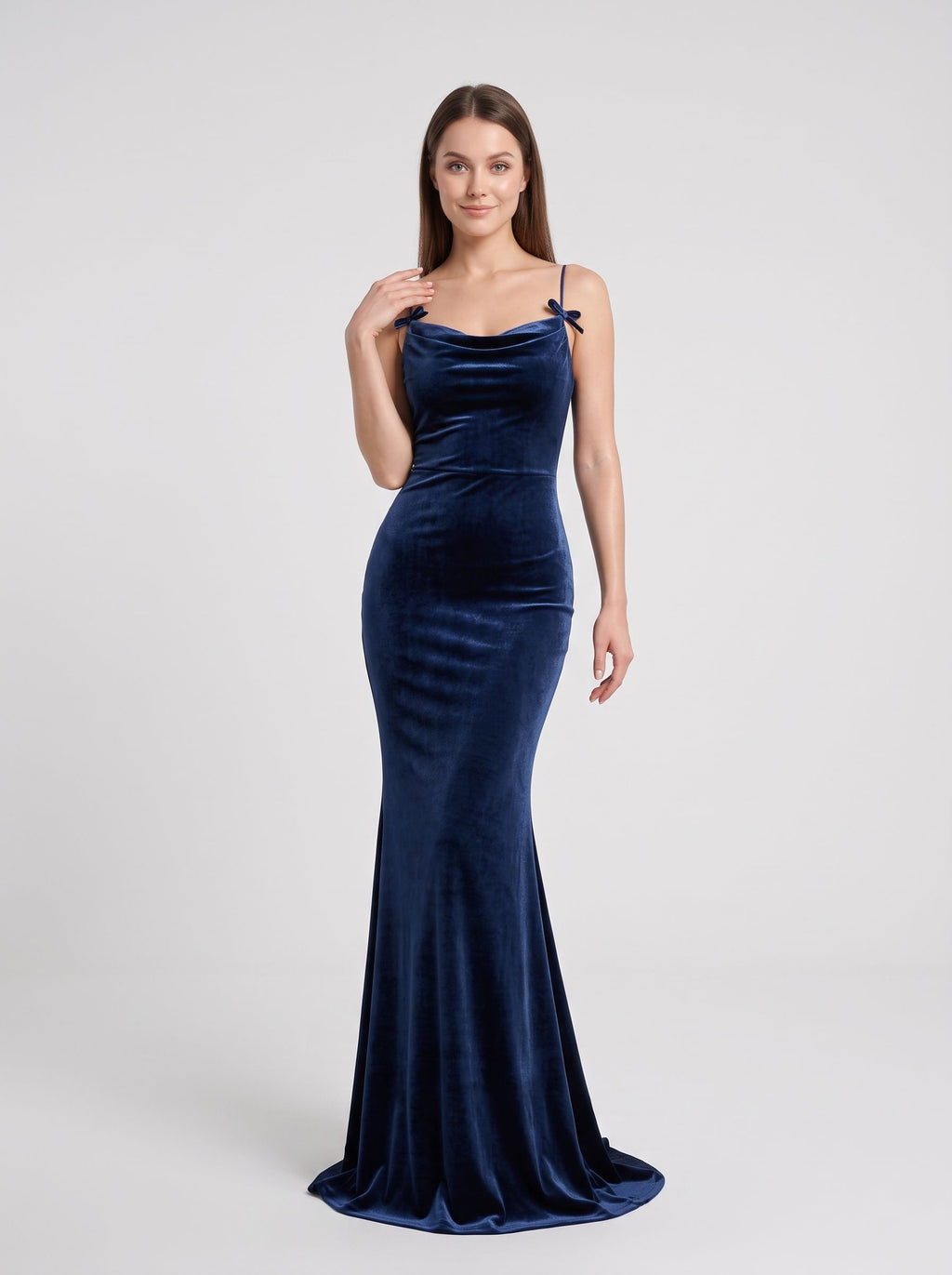 Dark Navy Velvet Mermaid Cowl Neck Lace-up Floor-Length Dress