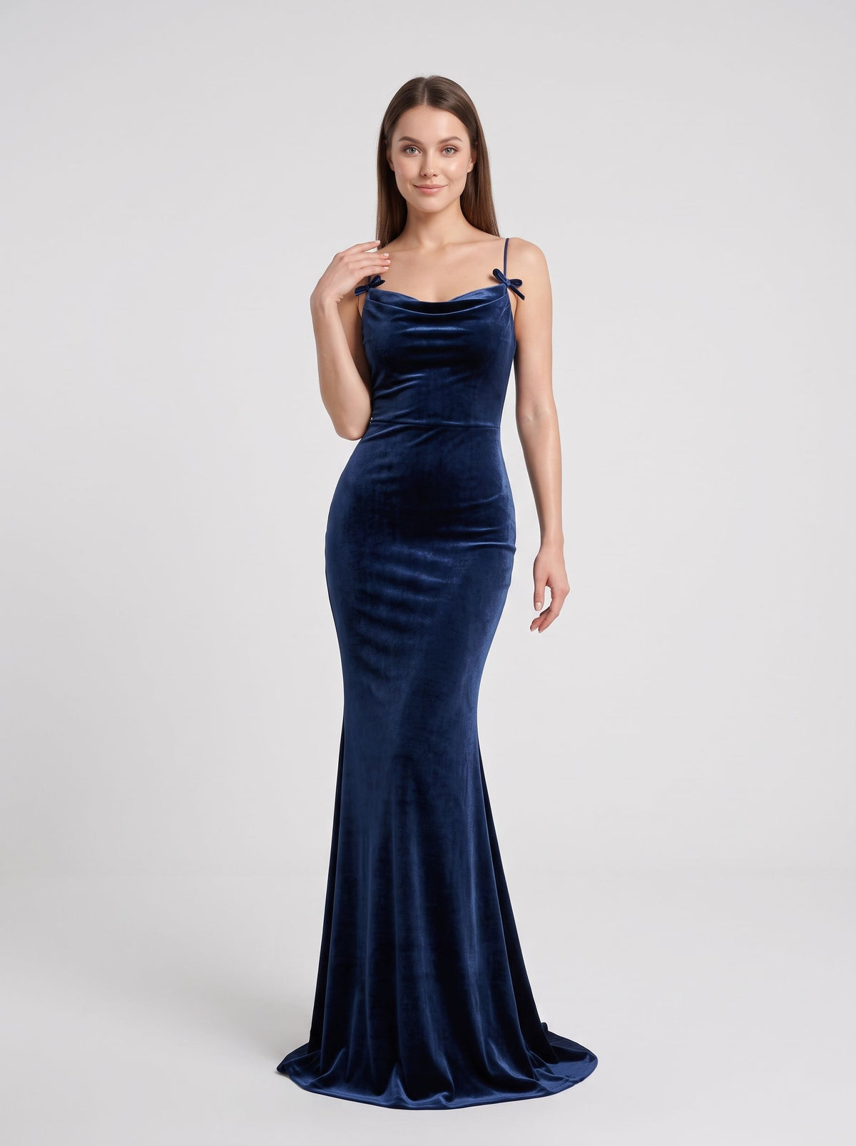 Dark Navy Velvet Mermaid Cowl Neck Lace-up Floor-Length Dress