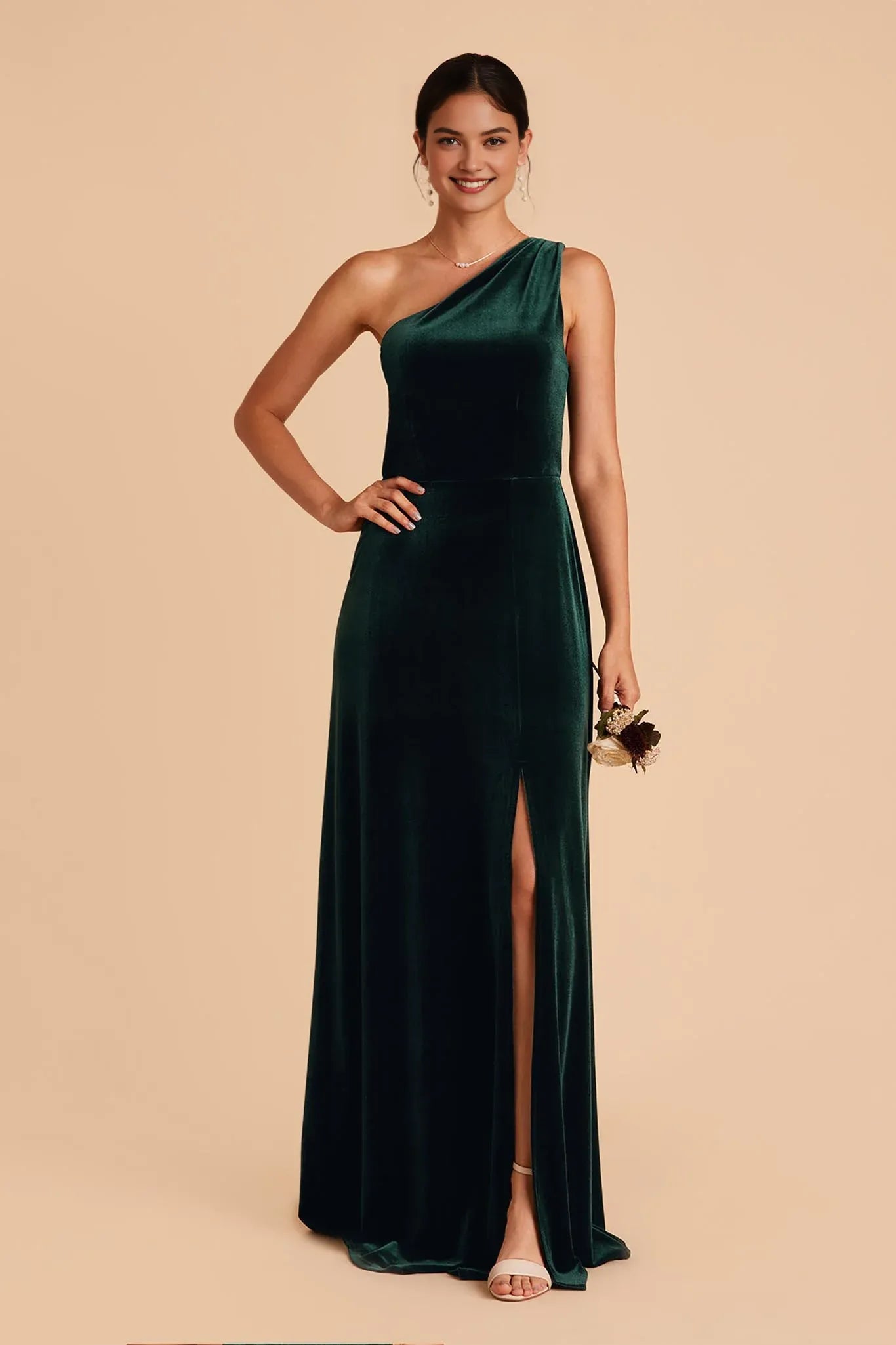 Discount A-Line One Shoulder Sleeveless Velvet Slit Maxi Bridesmaid Dress