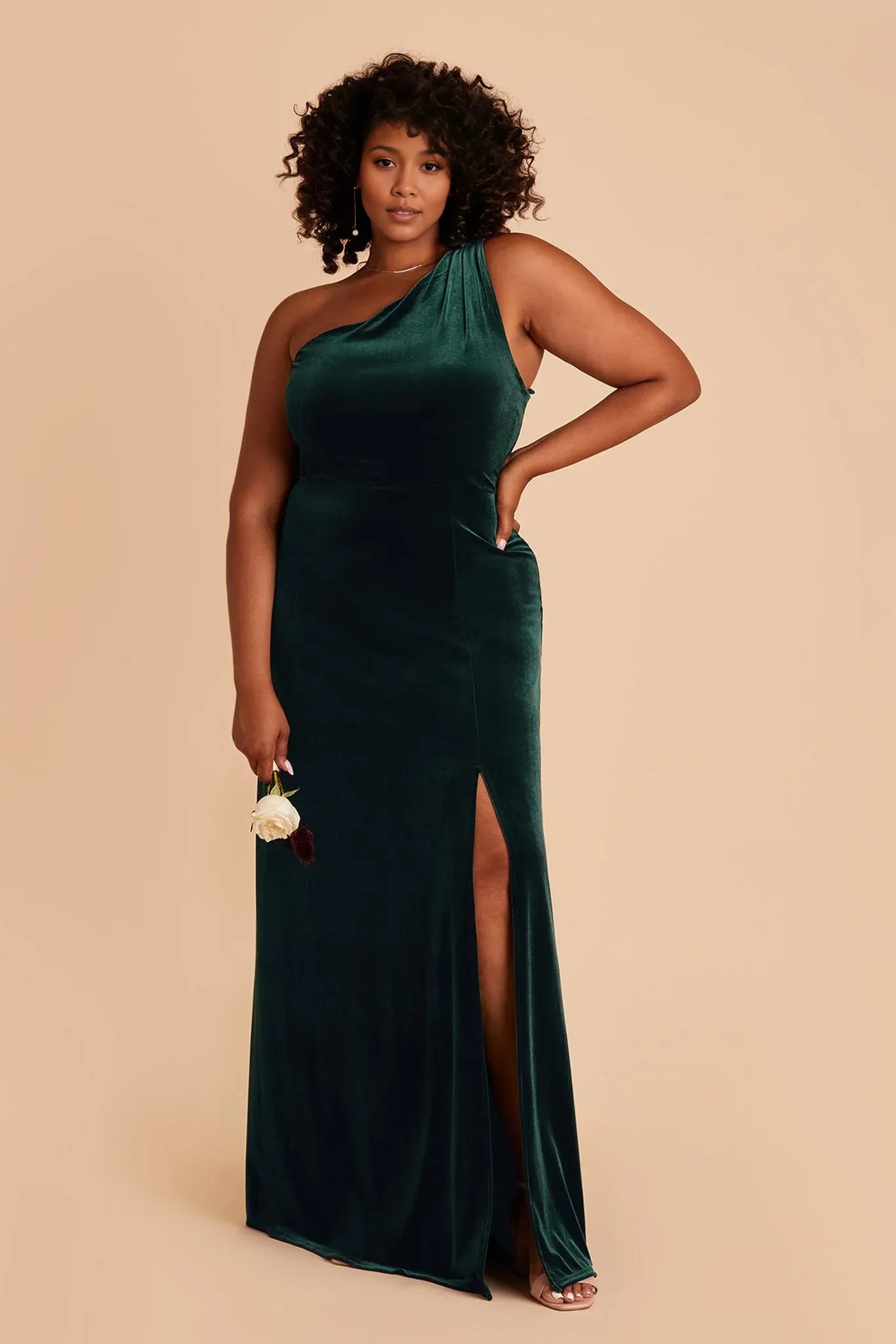 Discount A-Line One Shoulder Sleeveless Velvet Slit Maxi Bridesmaid Dress