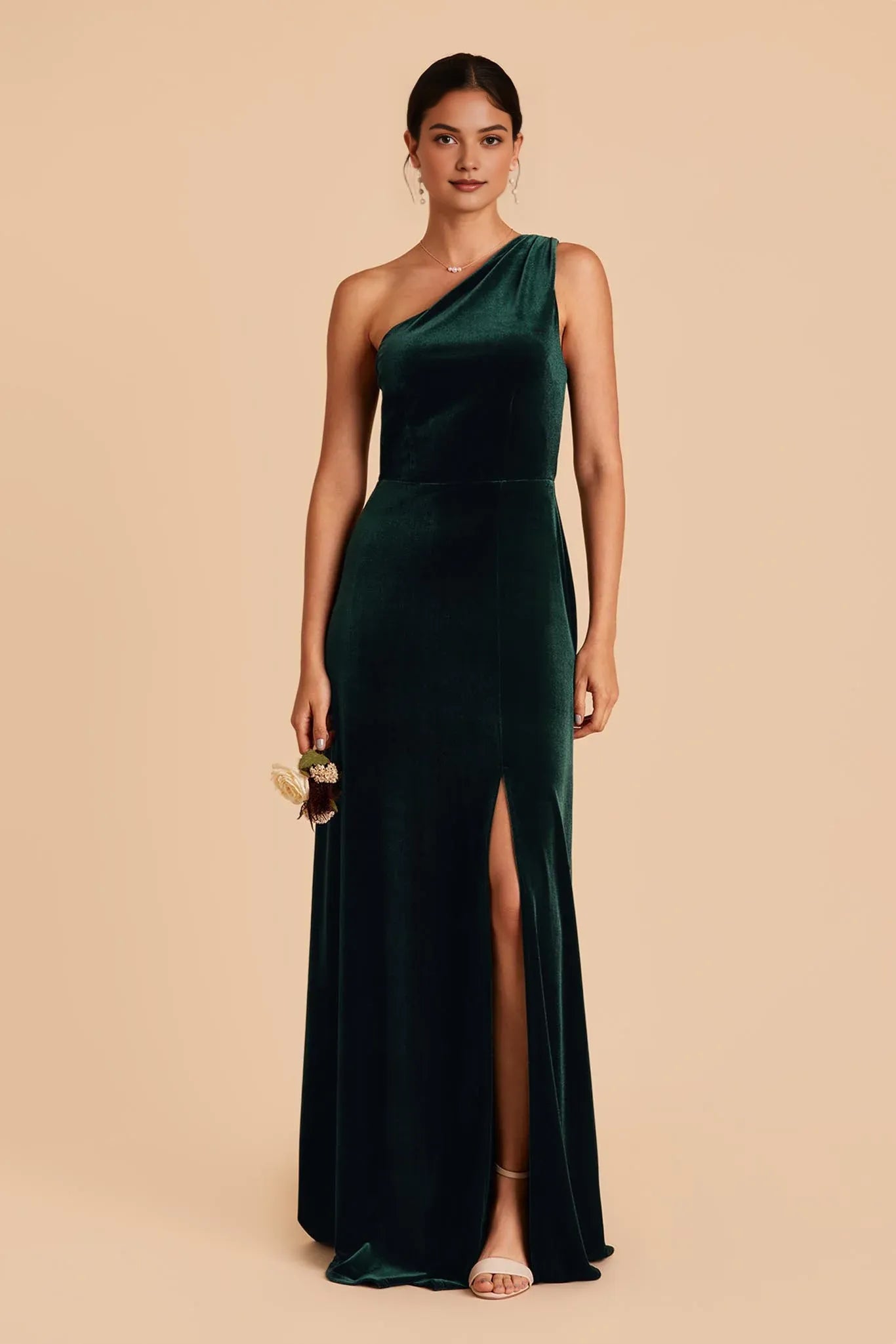 Discount A-Line One Shoulder Sleeveless Velvet Slit Maxi Bridesmaid Dress