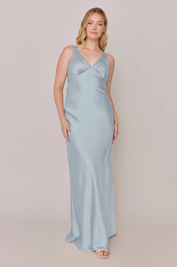 Double Cowl Neck Satin Bridesmaid Dress with Wide Straps, Draped Open Back & Slim Floor-Length Silhouette