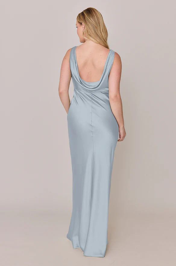 Double Cowl Neck Satin Bridesmaid Dress with Wide Straps, Draped Open Back & Slim Floor-Length Silhouette
