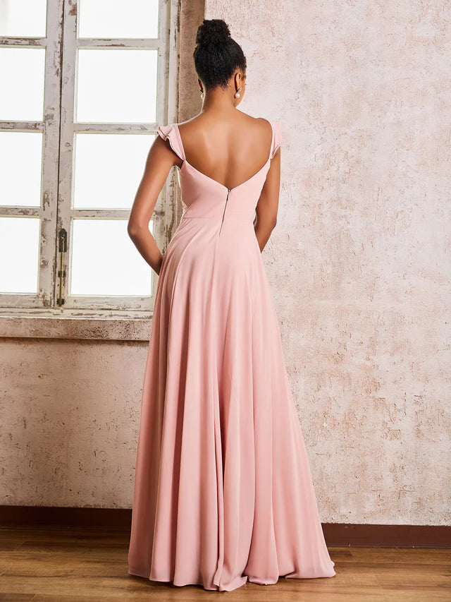 Chiffon Spaghetti-Strap Sweetheart Neckline Ruched Bodice A-Line Floor-Length Bridesmaid Dresses