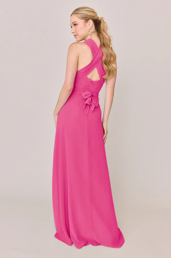 Dreamy Chiffon Convertible Bridesmaid Dresses with Crisscross Halter Neck, Bow Back Detail and Flowing Floor-Length Formal Gown