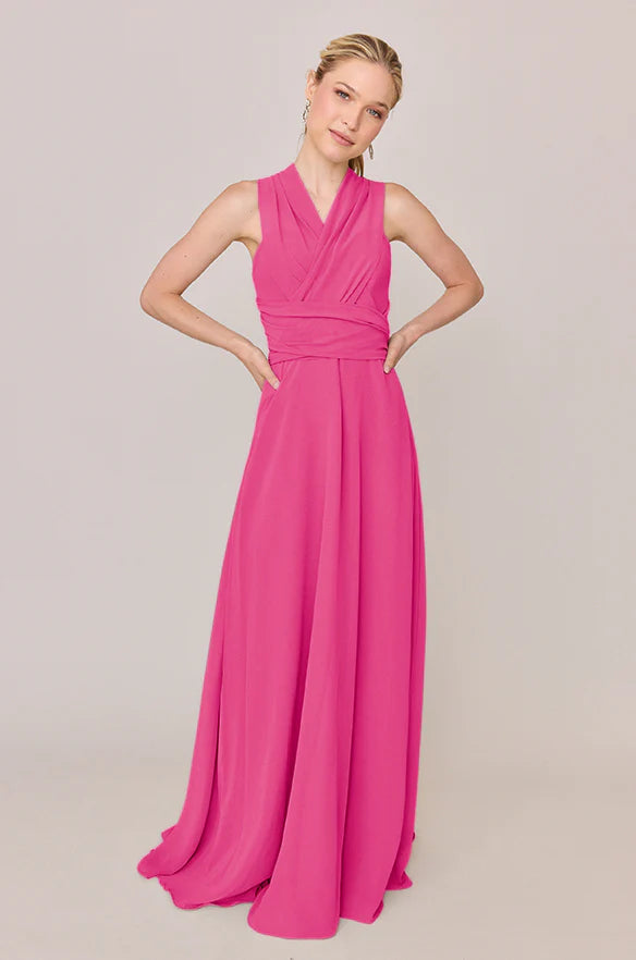 Dreamy Chiffon Convertible Bridesmaid Dresses with Crisscross Halter Neck, Bow Back Detail and Flowing Floor-Length Formal Gown