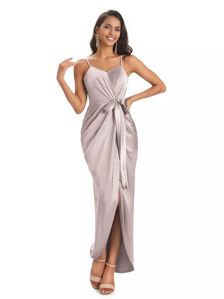 High Low Spaghetti Straps V-neck Mermaid Asymmetrical Soft Satin Bridesmaid Dresses
