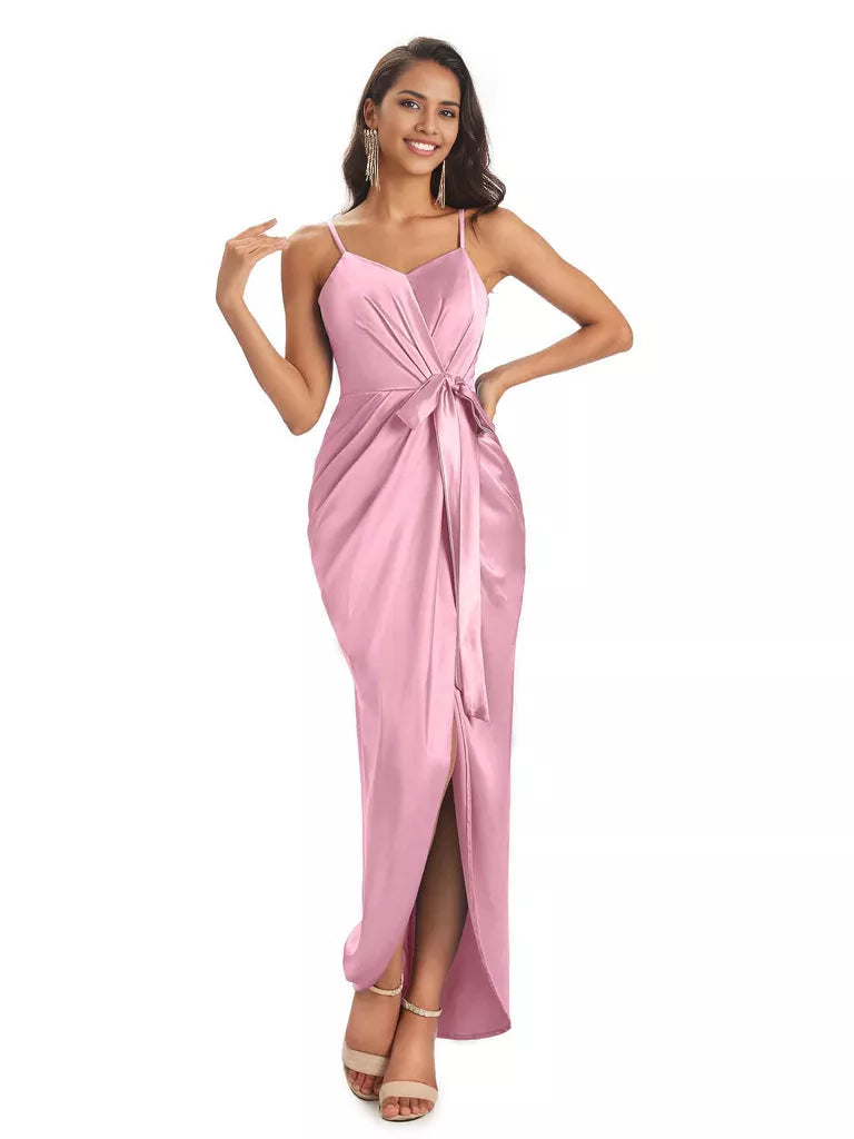 High Low Spaghetti Straps V-neck Mermaid Asymmetrical Soft Satin Bridesmaid Dresses