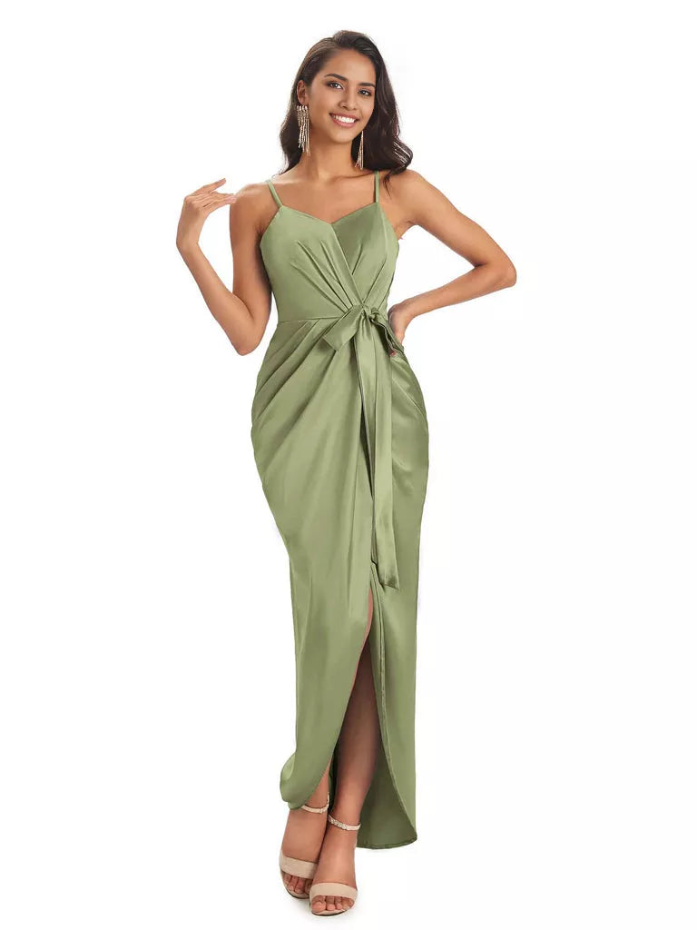 High Low Spaghetti Straps V-neck Mermaid Asymmetrical Soft Satin Bridesmaid Dresses
