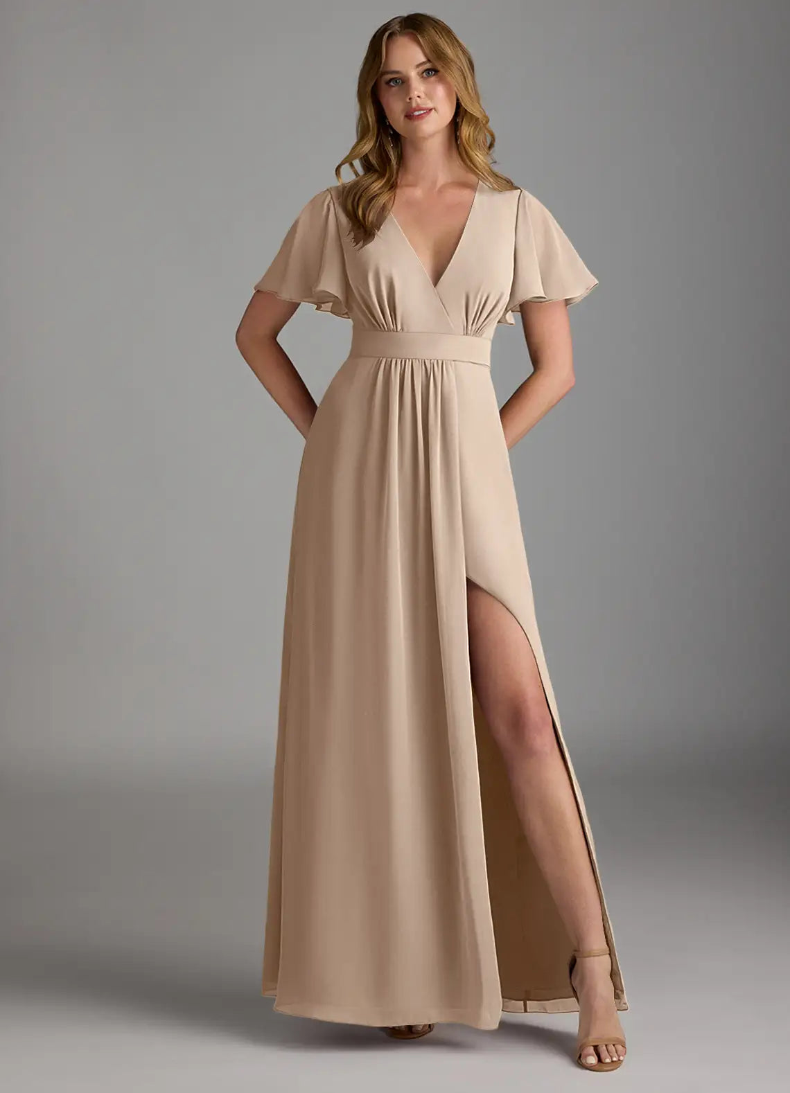 Dusty Beige Chiffon Bridesmaid Dress with Flutter Sleeves, Waist Tie and High Slit