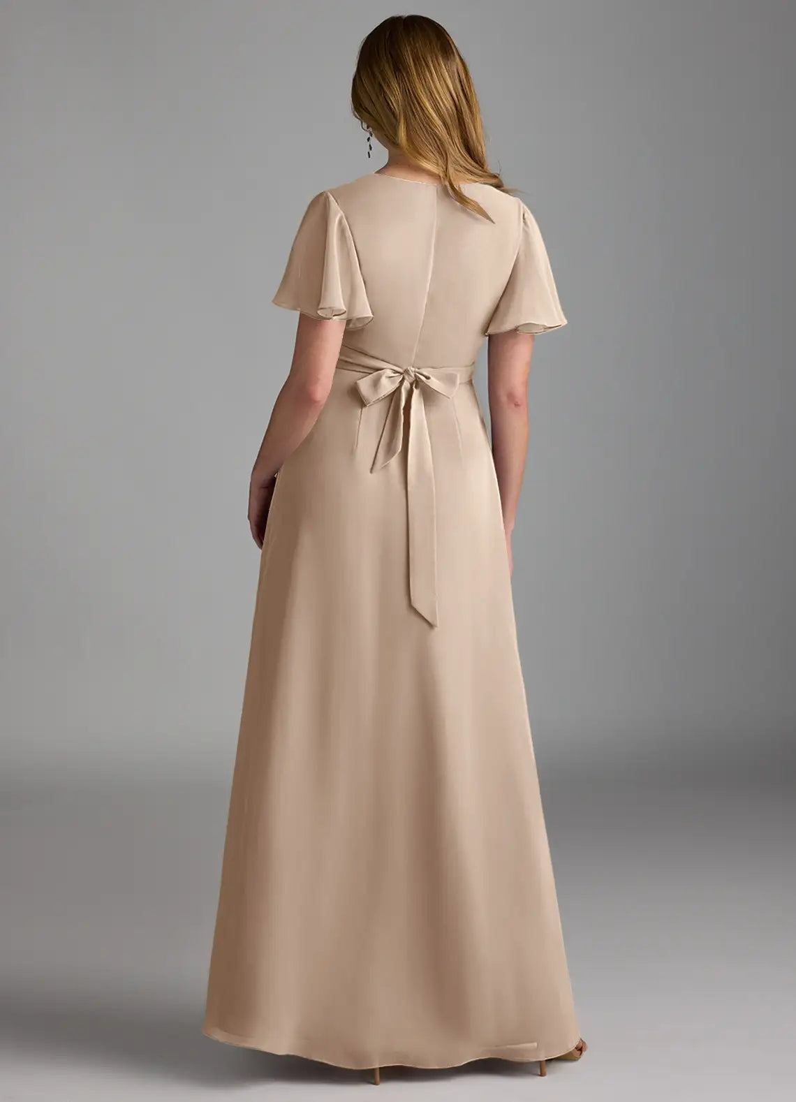 Dusty Beige Chiffon Bridesmaid Dress with Flutter Sleeves, Waist Tie and High Slit