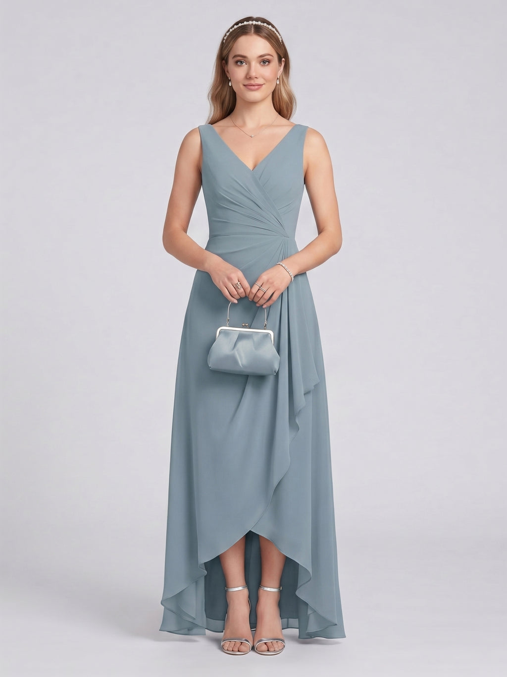 Elegant Dusty Blue Chiffon A-Line V-Neck V-Back with nan Ankle-Length  Bridesmaid Dress