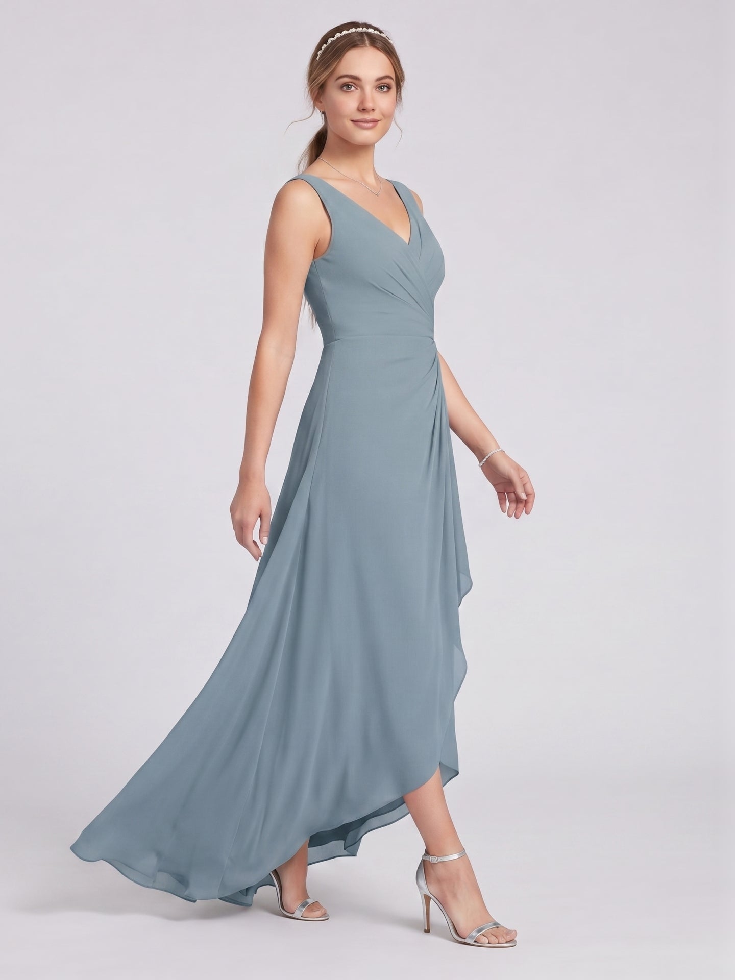 Elegant Dusty Blue Chiffon A-Line V-Neck V-Back with nan Ankle-Length  Bridesmaid Dress