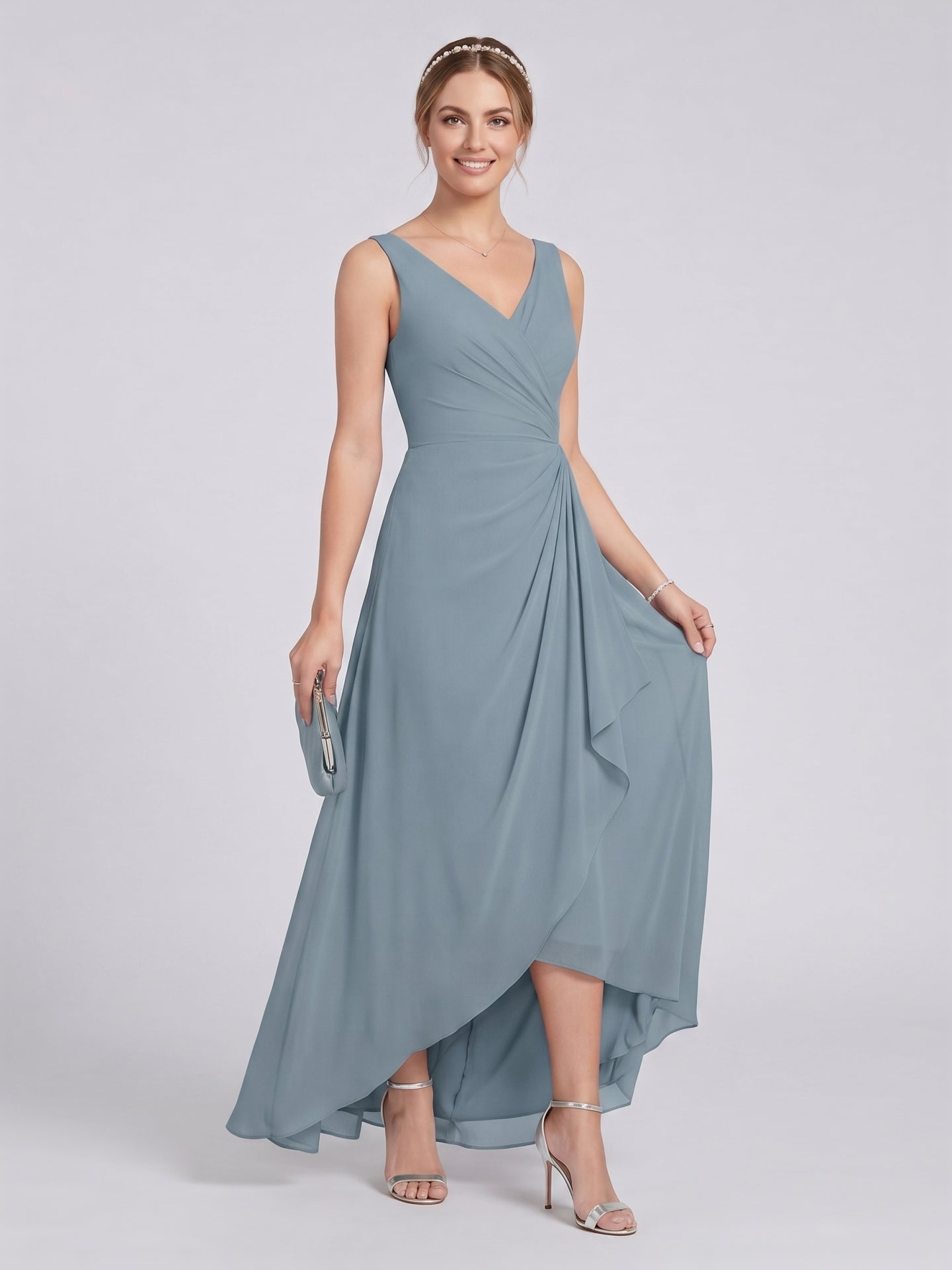 Elegant Dusty Blue Chiffon A-Line V-Neck V-Back with nan Ankle-Length  Bridesmaid Dress