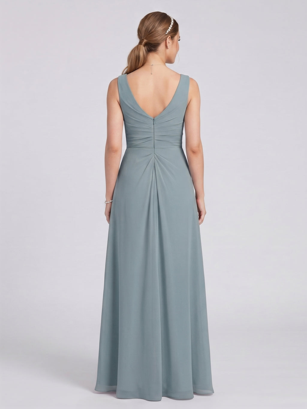 Elegant Dusty Blue Chiffon A-Line V-Neck V-Back with nan Ankle-Length  Bridesmaid Dress