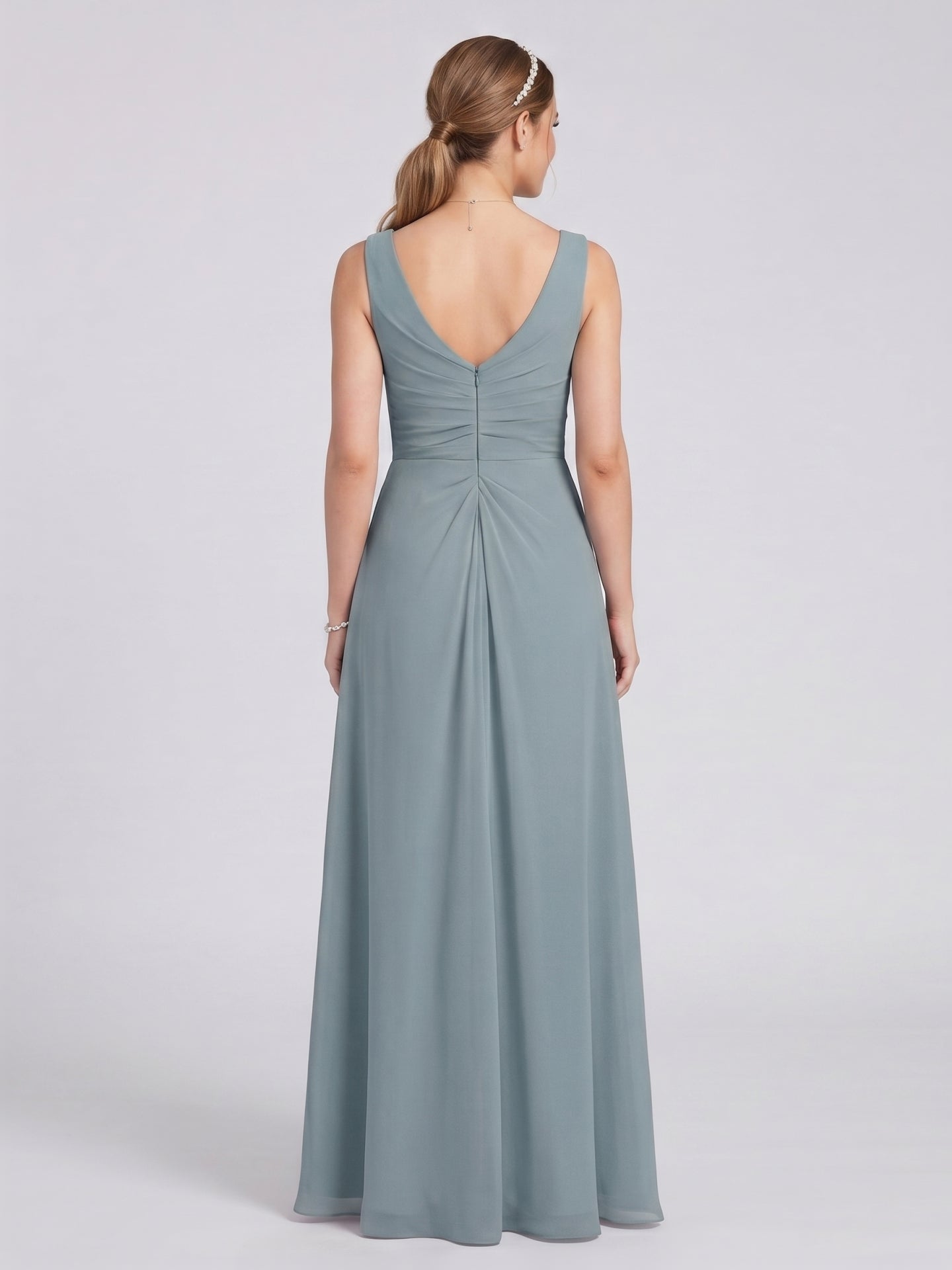 Elegant Dusty Blue Chiffon A-Line V-Neck V-Back with nan Ankle-Length  Bridesmaid Dress